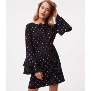 NWT Ann Taylor LOFT Black White Polka Dot Bell Sleeve Shift Shirt Dress SZ S